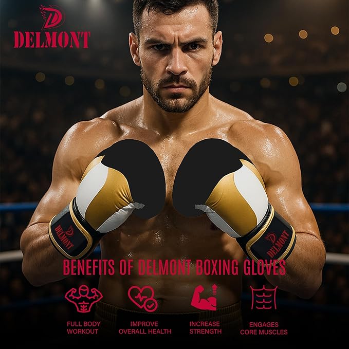 Delmont Boxing Gloves for Men and Women - Heavy Bag, Kickboxing, Sparring & Training Gloves with Multi-Layer Padding, Wrist Support & Breathable Lining - Pro Gloves for Adult Fighters & Beginners