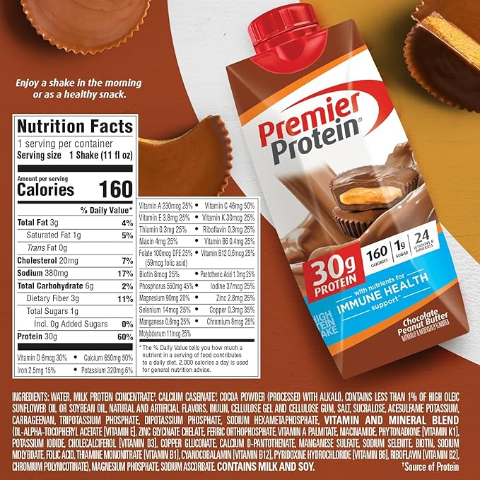 Premier Protein Protein Shake, Chocolate Peanut Butter, 30g Protein, 1g Sugar, 11 fl oz Pack of 12