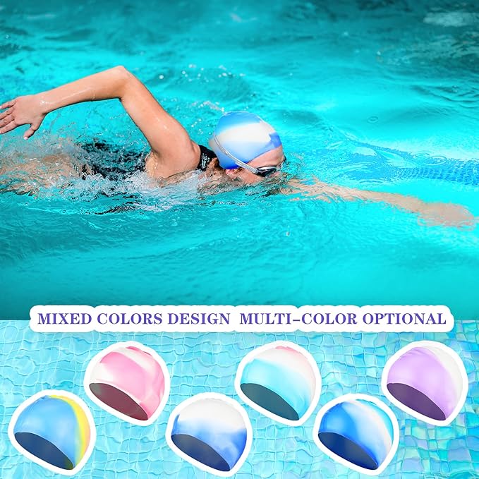 Syhood 6 Pieces Unisex Adult Silicone Swim Cap Waterproof Swimming Hat Non Slip Pool Hat Elastic Silicone Cap for Long and Short Hair