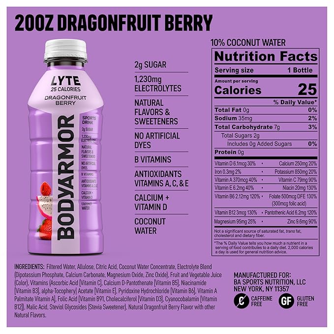 BODYARMOR LYTE Sports Drink Low-Calorie Sports Beverage, Dragonfruit Berry, Natural Flavors With Vitamins, Potassium-Packed Electrolytes, Perfect For Athletes, 20 Fl Oz (Pack of 6)