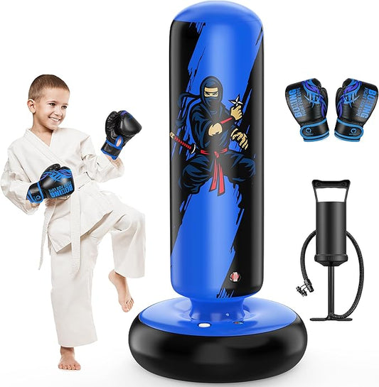 QPAU Punching Bag for Kids, 66 Inch Stable Inflatable Boxing Bag with Boxing Gloves, Stand Kids Punching Bag Toy for Boys & Girls Age 6-12, Boxing Set for Practicing Karate, Taekwondo, MMA