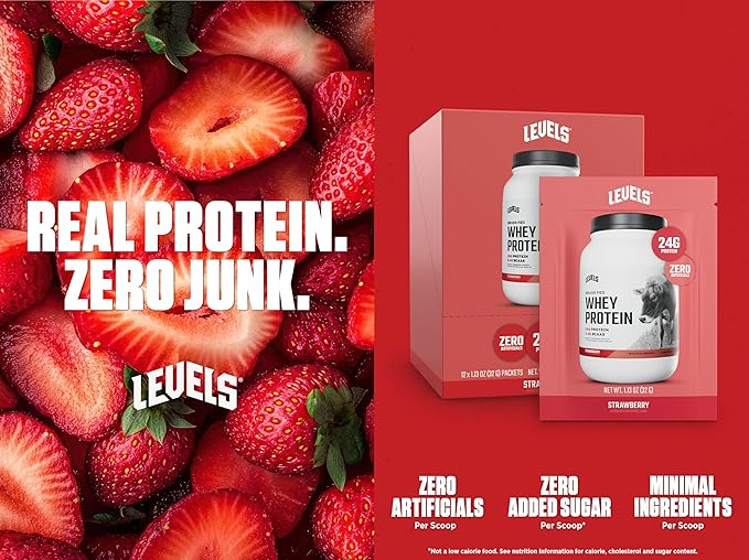 Levels Grass Fed Whey Protein Powder, No Artificials, 24G of Protein, Strawberry, 12 Count