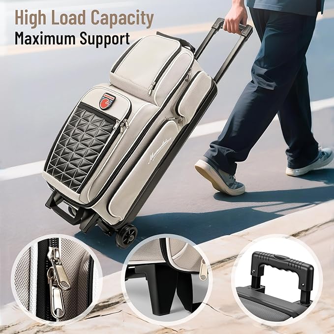 MANUEKLEAR 3 Ball Bowling Bags with Wheels, Bowling Ball Bag 3 Ball Roller with Accessory Pockets and Shoe Compartment
