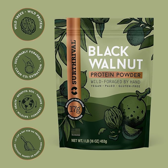 Surthrival: Black Walnut Protein Powder, Wild-Foraged, Ethically-Harvested, 17g Protein, USA Sourced, Vegan, Paleo, Gluten-Free, 1lb
