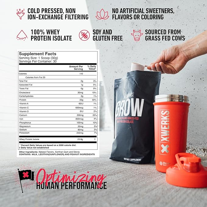 Xwerks Grow 100% New Zealand Grass Fed Whey Protein, 23g Pure Isolate Protein Powder Per Serving, All Natural Paleo and Keto Friendly, Soy Free Gluten Free Easy to Digest, Peanut Butter, 30 Servings
