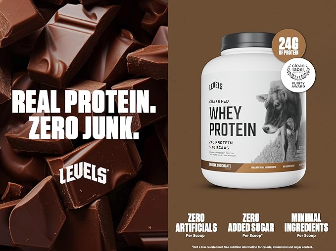 Levels Grass Fed Whey Protein Powder, No Artificials, 24G of Protein, Double Chocolate, 5LB