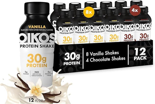 Oikos Protein Shake, Exclusive Variety Pack, 30g High Protein Drinks, Shelf Stable, Ready to Drink, 5g Prebiotic Fiber, 12 fl oz Bottle (8 ct Vanilla, 4 ct Chocolate