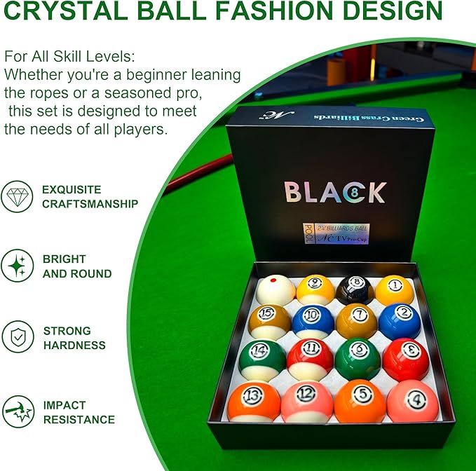 Billiard Balls Set 2-1/4" Regulation Size Pool Table Balls for Replacement (16 Resin Balls)
