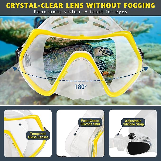 ZEEPORTE Mask Fin Snorkel Set, Travel Size Snorkeling Gear for Adults with Panoramic View Anti-Fog Mask, Trek Fins, Dry Top Snorkel and Gear Bag for Swimming Training, Snorkeling Kit Diving Packages