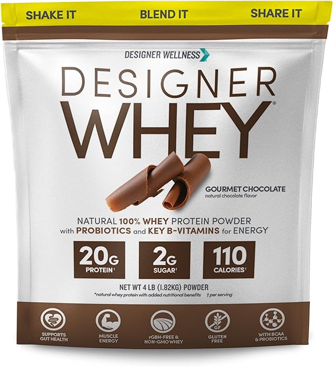 Designer Wellness, Designer Whey, Natural Whey Protein Powder with Probiotics, Fiber, and Key B-Vitamins for Energy, Gluten-Free, Gourmet Chocolate 4 lb