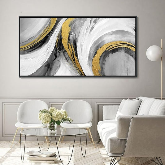 Large Abstract Wall Art, Black White and Gold Texture Graffiti Framed Paintings Modern Gallery Picture Artwork for Living Room Bedroom Office Home Decor 20x40 In