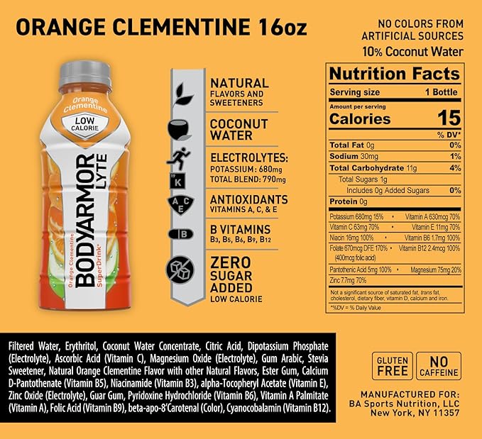 BODYARMOR LYTE Sports Drink Low-Calorie Sports Beverage, Orange Clementine - Orange Citrus, Coconut Water Hydration, Natural Flavors With Vitamins, Potassium-Packed Electrolytes, Perfect For Athletes, 16 Fl Oz (Pack of 12)