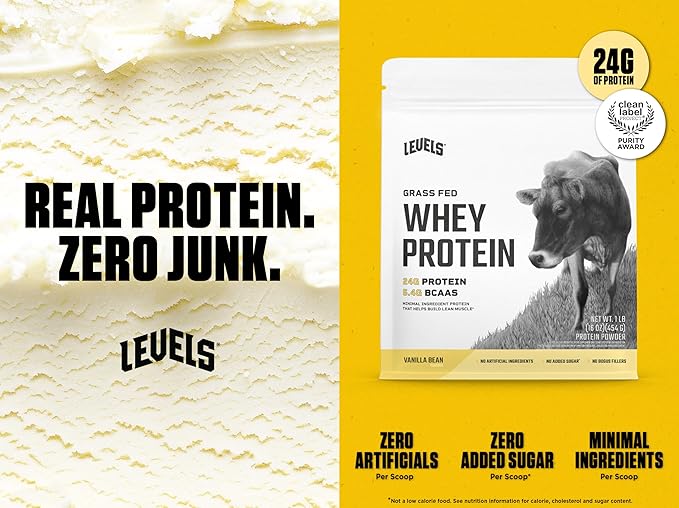 Levels Grass Fed Whey Protein Powder, No Artificials, 24G of Protein, Vanilla Bean, 1LB