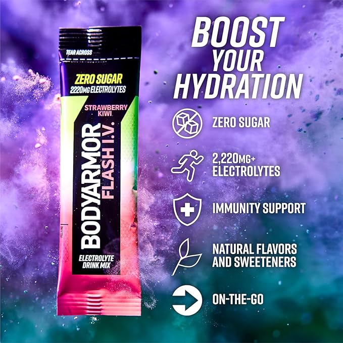 BODYARMOR Flash IV Electrolyte Packets, Strawberry Kiwi - Zero Sugar Drink Mix, Single Serve Packs, Coconut Water Powder (6 Count)