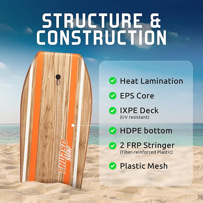 THURSO SURF Quill 42'' Bodyboard Lightweight Durable EPS Core IXPE Deck HDPE Slick Bottom FRP Stringer Crescent Tail Dual Channel Plastic Mesh with Double Stainless Steel Swivel Coiled Wrist Leash