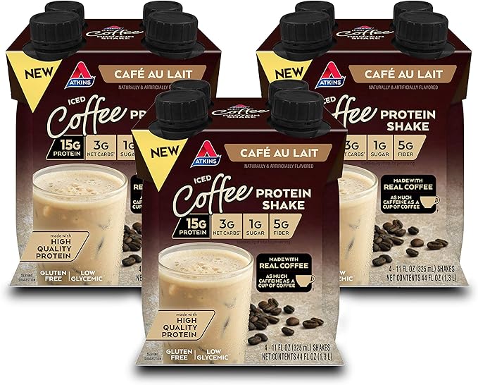 Atkins Café au Lait Iced Coffee Flavored Protein Shake, High Protein Shake, Low Sugar, Low Carb and Low Sugar, Keto Friendly, Gluten Free, 12 Count