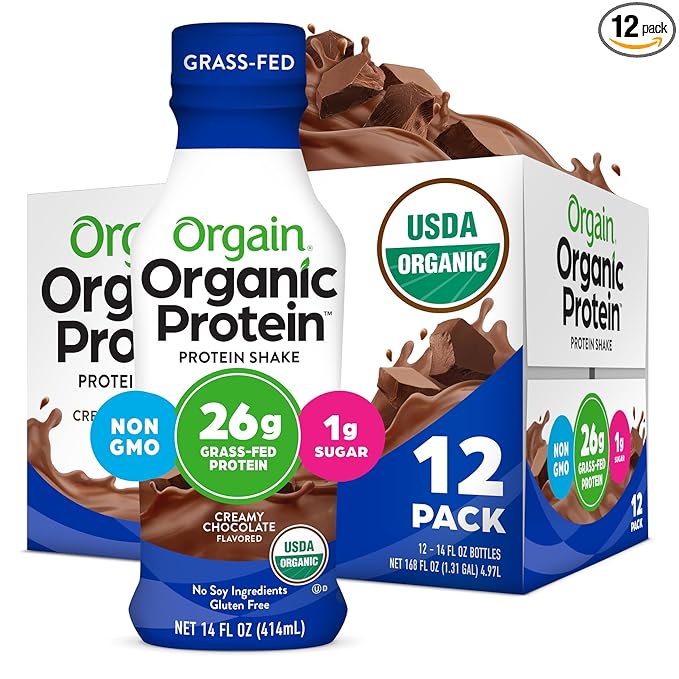 Orgain Organic Protein Shake, Grass Fed Dairy, Creamy Chocolate - 26g High Protein Whey Shake, Ready to Drink, Gluten Free, No Soy Ingredients, No Sugar Added, 14 Fl Oz (Pack of 12)