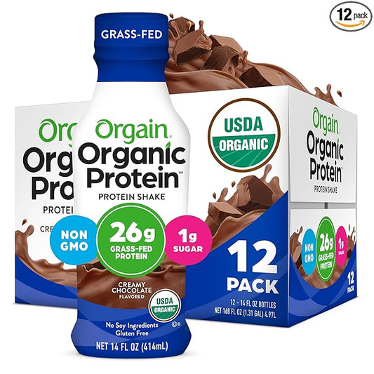 Orgain Organic Protein Shake, Grass Fed Dairy, Creamy Chocolate - 26g High Protein Whey Shake, Ready to Drink, Gluten Free, No Soy Ingredients, No Sugar Added, 14 Fl Oz (Pack of 12)