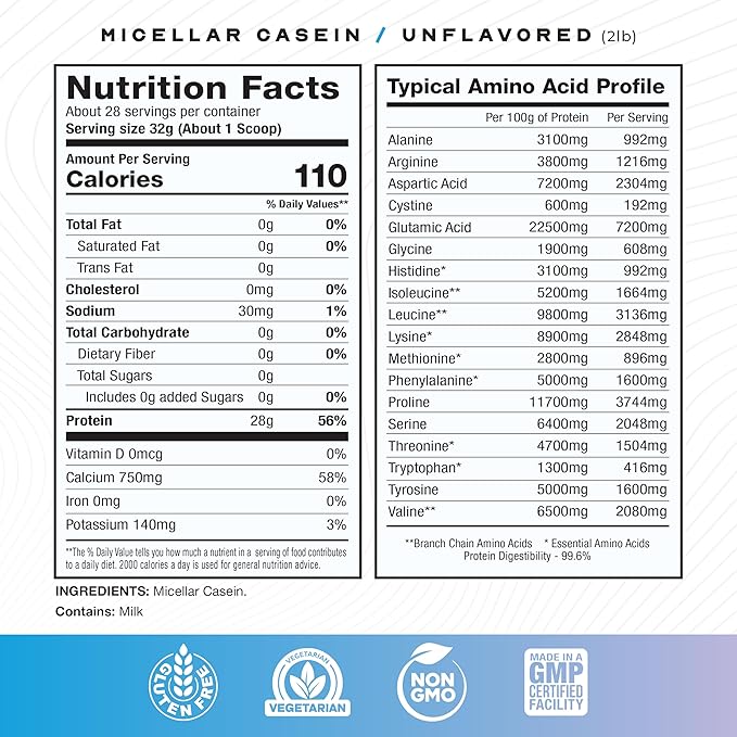 Muscle Feast Grass Fed Micellar Casein Protein Powder, Pasture Raised & Hormone Free, Slow Digesting Casein Protein - Supports Overnight Muscle Recovery, Gluten Free Protein Powder - Unflavored, 2lb