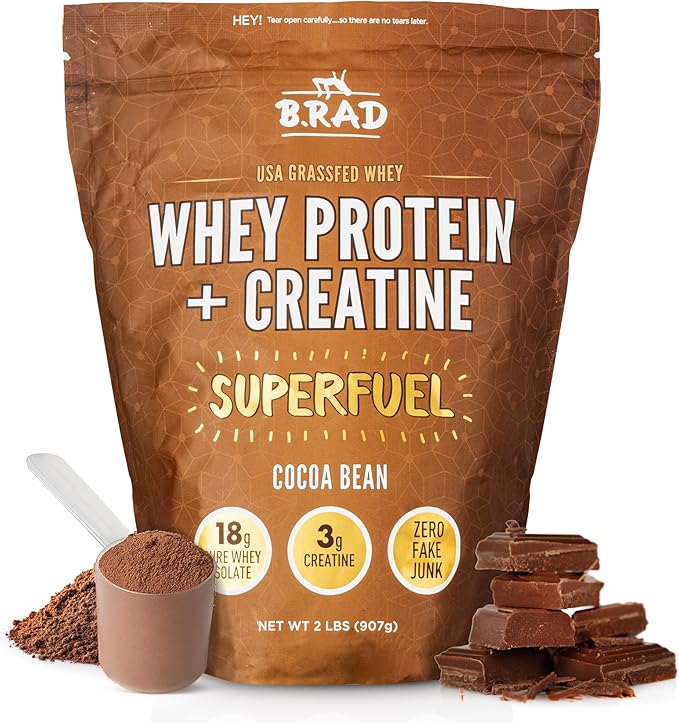 B.rad Superfuel - Grass Fed Whey Protein Isolate Boosted with Creatine | Ultra-Pure, All-Natural Clean Ingredients | 2 Pounds | 100% USA Sourced | Cocoa Bean (Chocolate)