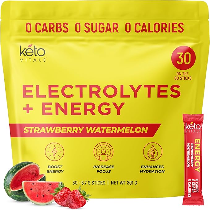 Keto Vitals Electrolyte Energy Drink Powder Packets - Electrolyte Supplement for Energy and Rehydration - Strawberry Watermelon Keto Powder Packets, 30 Count
