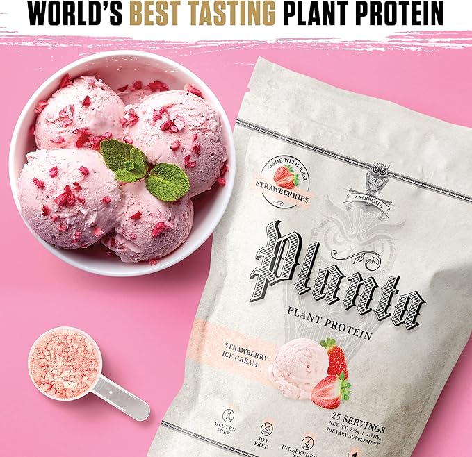 Ambrosia Planta - Premium Organic Plant-Based Protein | Vegan & Keto Friendly | Gourmet Flavors | No Bloating or Stomach Upset | Gluten & Soy Free | No Added Sugar | 25 Servings | Strawberry Ice Cream