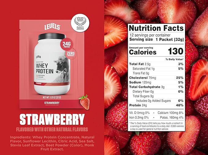Levels Grass Fed Whey Protein Powder, No Artificials, 24G of Protein, Strawberry, 12 Count