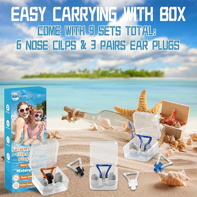 Swimming Nose Clip Ear Plugs - 9 Packs Silicone Swim Nose Plugs with Earplugs for Adult,Waterproof Pool Nose Plug for Diving Surfing and Other Water Sports with Storage Box,Multi-Color