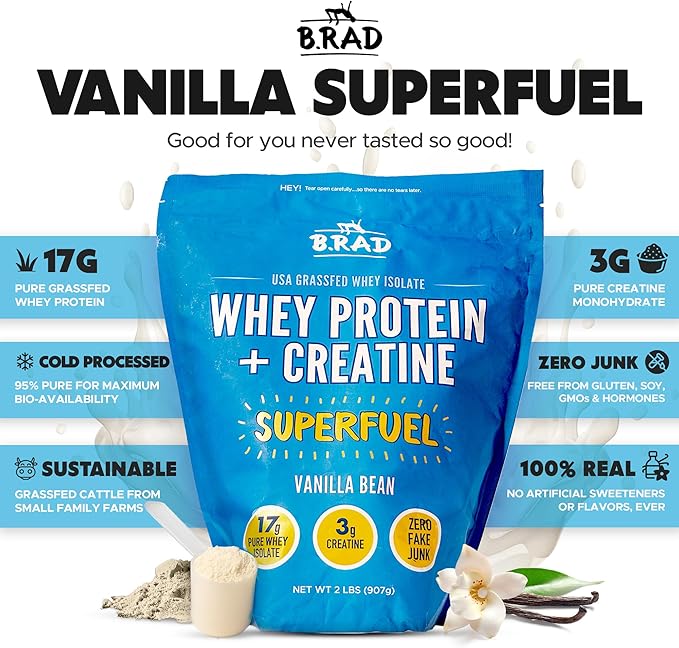 B.rad Superfuel - Grass Fed Whey Protein Isolate Boosted with Creatine | Ultra-Pure, All-Natural Clean Ingredients | 2 Pounds | 100% USA Sourced | Vanilla Bean