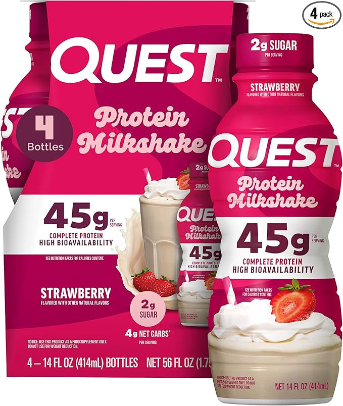 Quest Nutrition Strawberry Protein Shake, 45g Protein, 2g Sugar, 4g Net Carbs, Ready to Drink, Gluten Free, 4 Count