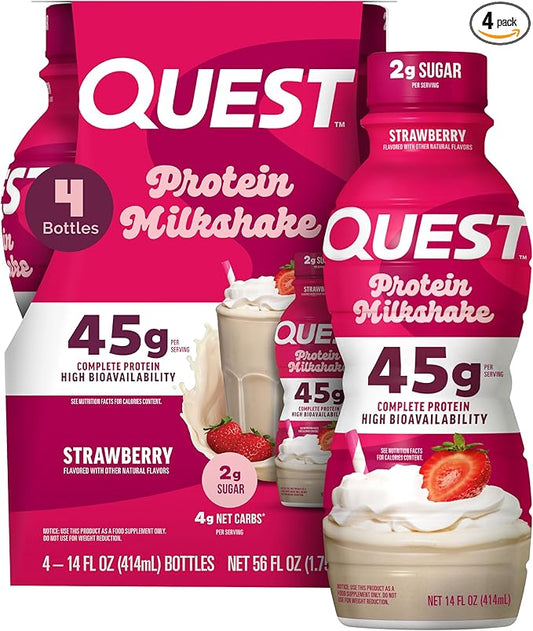 Quest Nutrition Strawberry Protein Shake, 45g Protein, 2g Sugar, 4g Net Carbs, Ready to Drink, Gluten Free, 4 Count