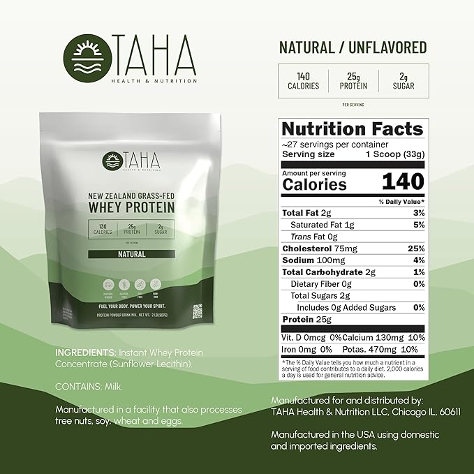 Taha Health & Nutrition Natural Unflavored Whey Protein Concentrate Powder, 25g Protein, 140 Calories, 2g Sugar | New Zealand Grass-Fed, Free-Range Dairy | Gluten and Soy Free, Keto, Kosher | 2LB