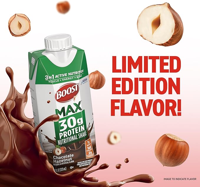 BOOST MAX Protein Shakes Ready to Drink - 30g High Protein Shake - Hazelnut | Nutritional Drinks to Support Muscle Recovery After Exercise, 26 Vitamins & Minerals, 1g Sugar, 11 fl oz (Pack of 18)