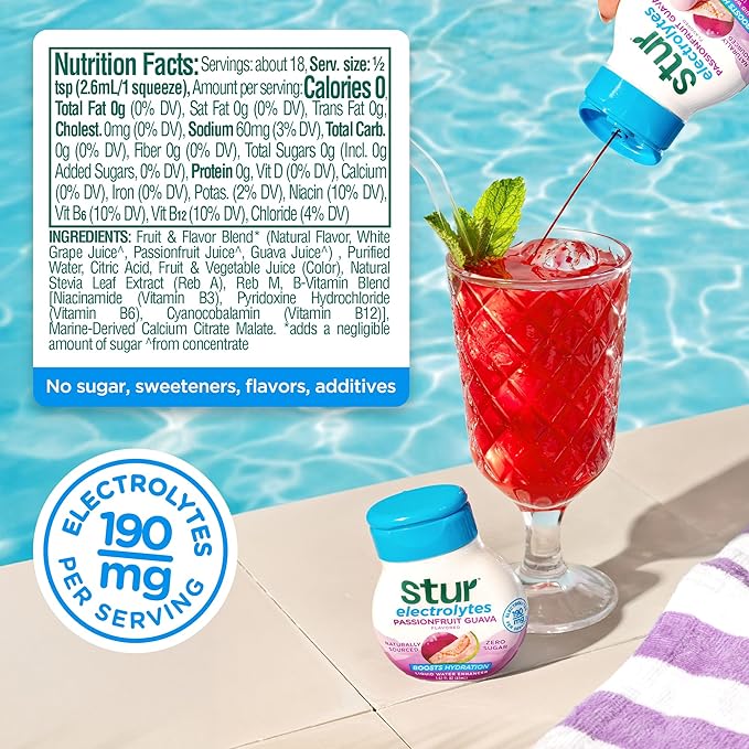 Stur Electrolyte Water Enhancer | Sweetened with Stevia | High in Vitamin C & Antioxidants | Sugar Free | Zero Calories | Keto | Vegan | 5 Bottles, Makes 90 Drinks (Passionfruit Guava)