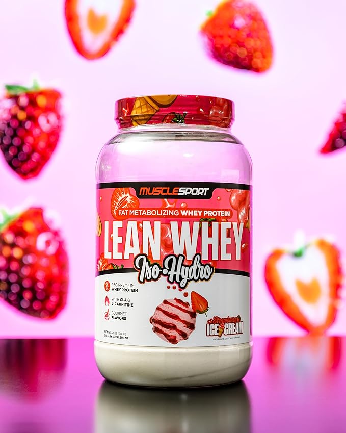 Musclesport Lean Whey Revolution™ Protein Powder - Whey Protein Isolate - Low Calorie, Low Carb, Low Fat, Incredible Flavors - 25g Protein per Scoop - 5lb Strawberry Creme