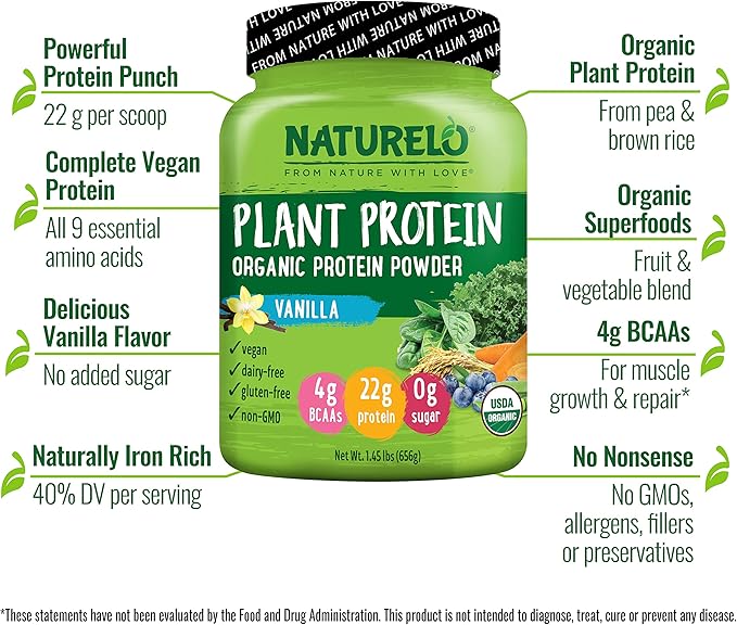 NATURELO Plant Protein Powder, Vanilla, 22g Protein - Non-GMO, Vegan, No Gluten, Dairy, or Soy - No Artificial Flavors, Synthetic Coloring, Preservatives, or Additives - 20 Servings