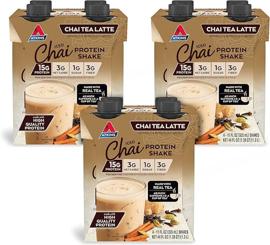 Atkins Chai Tea Latte Flavored Protein Shake, High Protein Shake, Low Glycemic, Low Carb, Low Sugar, Keto Friendly, Gluten Free, 12 count (3 sets of 4)