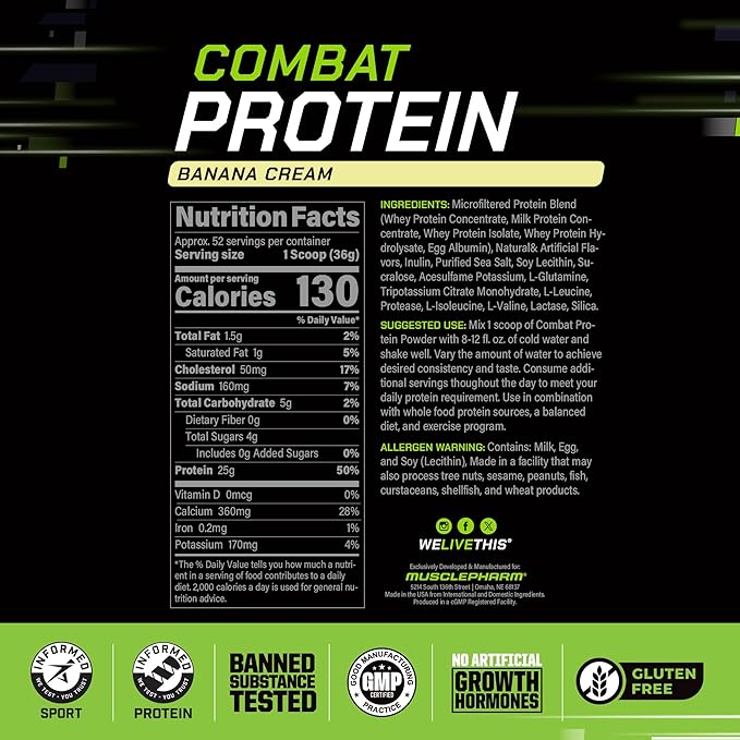 MusclePharm Combat Protein Powder, Banana Cream Flavor, Fuels Muscles for Productive Workouts, 5 Protein Sources including Whey Protein Isolate & Egg Albumin, Gluten Free, 4 lb, 52 Servings
