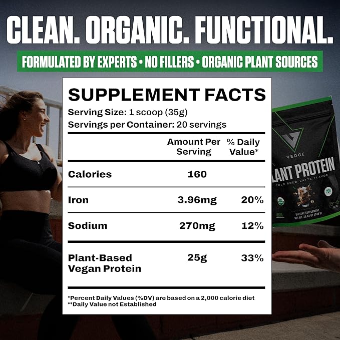 vedge Vegan Protein Powder - Plant Protein Powder with Pea, Pumpkin & Sunflower - USDA Organic, Amino Acids, Dairy Free, Gluten Free, Soy Free, Keto, Non GMO - Cold Brew Latte - 20 Servings
