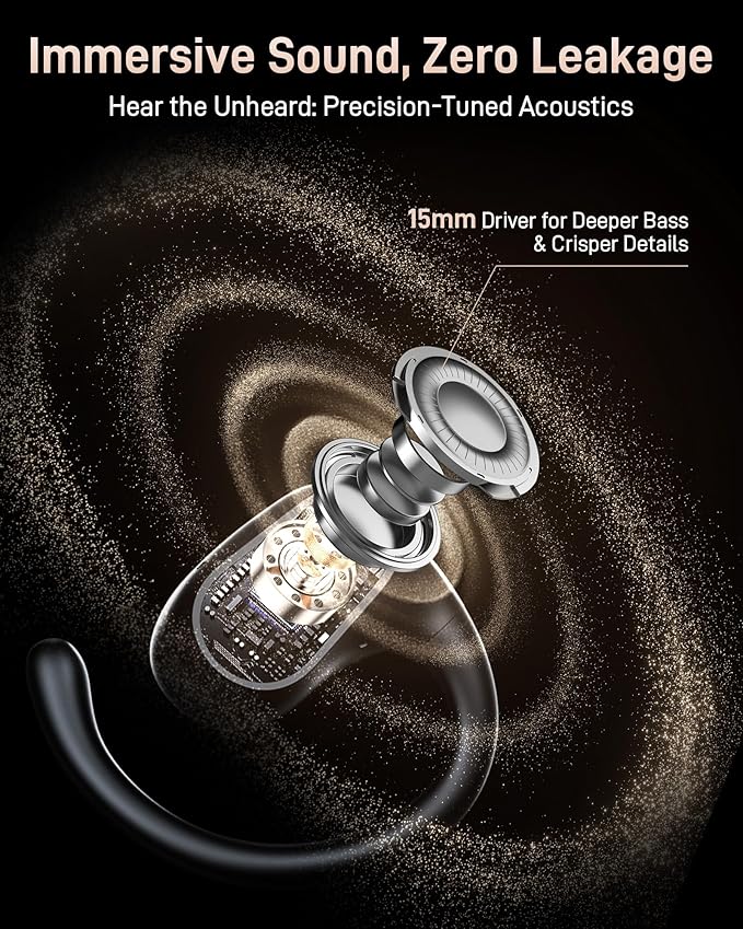 Open Ear Headphones, Bluetooth Wireless Open Ear Earbuds (0.3oz Lightweight) with 15mm Drivers, 45H Playtime, IPX5 for Sports, Fitness, Cycling, Running, Travel, Driving