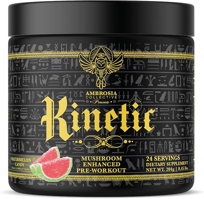 Ambrosia Kinetic Organic Preworkout, Mushroom Enhanced Natural Pre Workout Supplement, Nootropic Superfood Powder for Energy (Watermelon Candy)