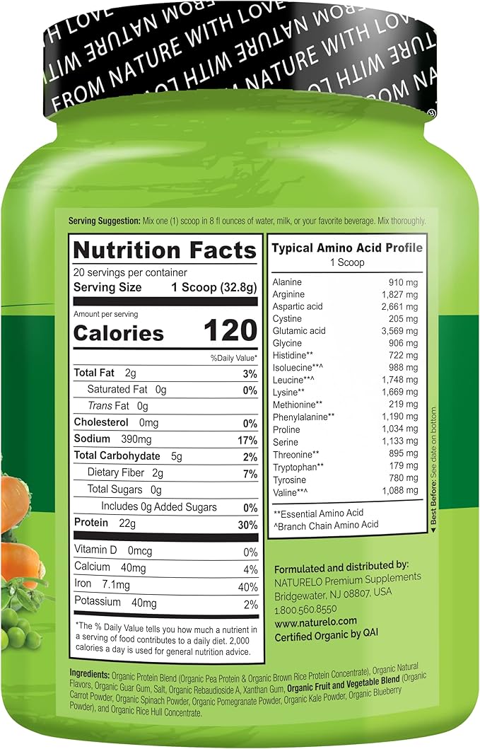 NATURELO Plant Protein Powder, Vanilla, 22g Protein - Non-GMO, Vegan, No Gluten, Dairy, or Soy - No Artificial Flavors, Synthetic Coloring, Preservatives, or Additives - 20 Servings
