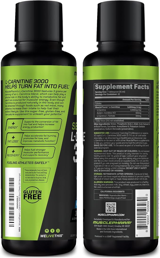 Muscle Pharm L-Carnitine 3000, The Ultimate Liquid L Carnitine Supplement for High-Performance, Supports Metabolism, Hydration & Energy, Zero Sugar/Calories, Blue Raspberry Flavor, 32 Servings