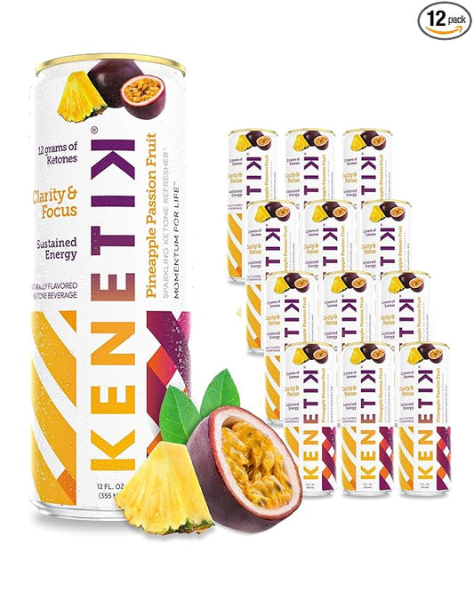 KENETIK Nootropic Ketone Drink, Ketones for Energy & Focus, Caffeine & Sugar Free, High Performance D-BHB Ketone Mix, Fuel w/Zero Crash or Jitters, Ready to Drink - Pineapple Passionfruit 12 Pk