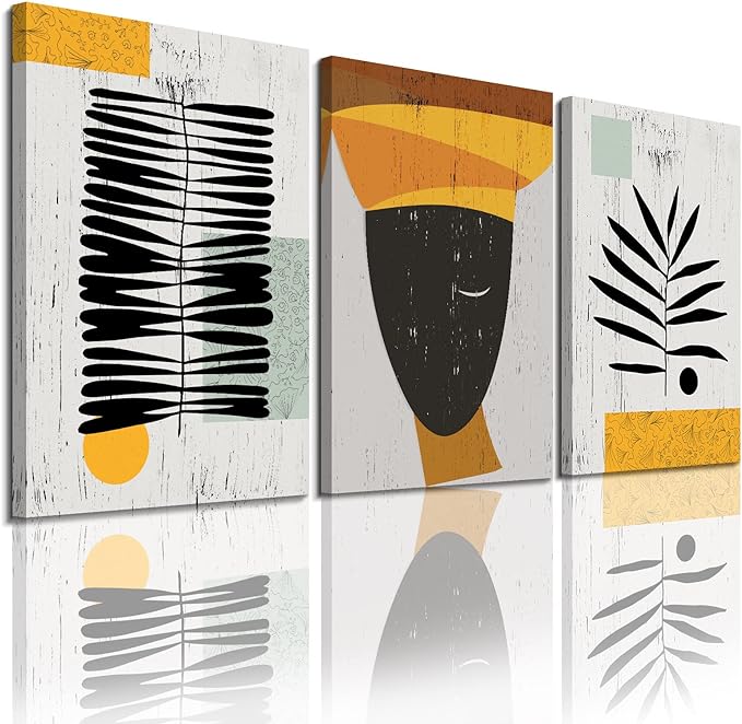 Framed Canvas Wall Art African Ethno Motive Wall Art Set, Abstract Ethno Art, African American Woman Portrait, Black Orange Print, Contemporary Collage, Minimalist (S-3pcs,24x36inchx3pcs)