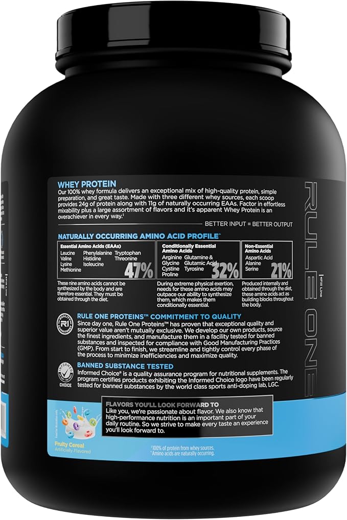 Rule 1 Whey Protein – 24g Fast-Acting Protein from All-Whey Sources with Naturally Occurring EAAs & BCAAs for Workout Recovery or Anytime Use (5 Pounds*, Fruity Cereal)