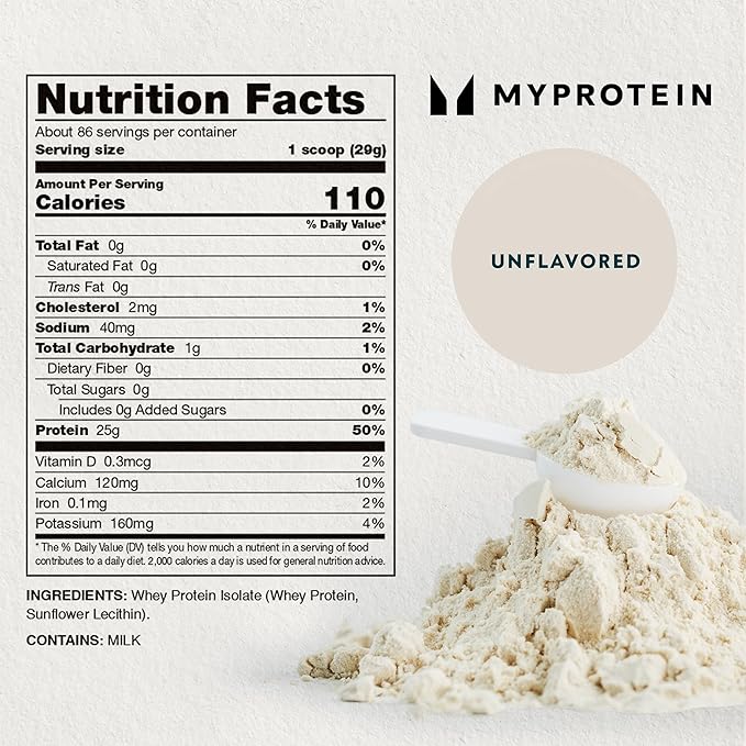 Myprotein Impact Whey Protein Isolate, 5.5 Lbs (81 Servings) Unflavored, 25g Protein, 3.5g Glutamine & 6g BCAA Per Serving