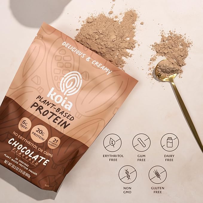 Koia Plant Based Protein Powder, Chocolate, 20g Protein, 3g Sugar, 6g Prebiotic Fiber, Pre & Post Workout, 21 Vitamins & Minerals, No Seed Oils, Dairy-Free, Gluten-Free, Non-GMO, 20 Servings, 28.2 Oz