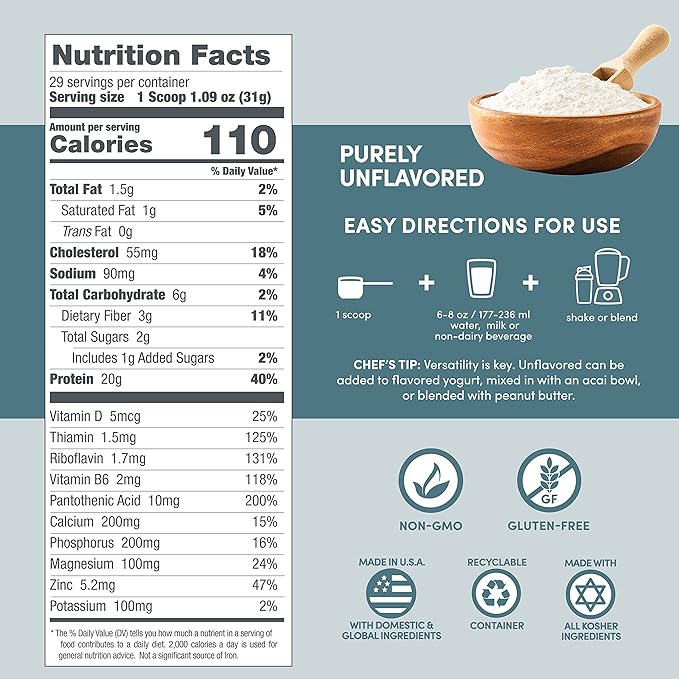 Designer Wellness, Designer Whey, Natural Whey Protein Powder with Probiotics, Fiber, and Key B-Vitamins for Energy, Gluten-Free, Purely Unflavored, 2 lb