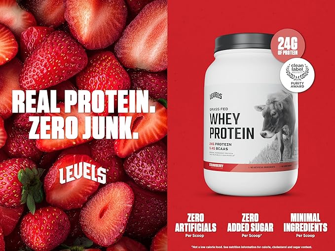 Levels Grass Fed Whey Protein Powder, No Artificials, 24G of Protein, Strawberry, 2LB